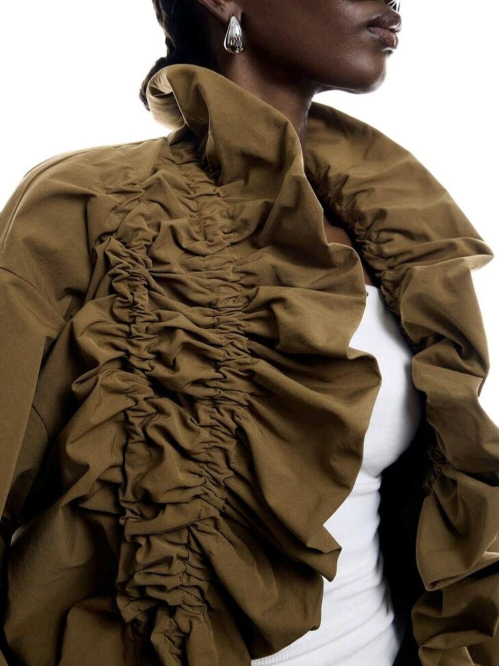 Women's Solid Color Long Sleeve Ruffle Drawstring Design Regular Jacket Office - Picture 7 of 9